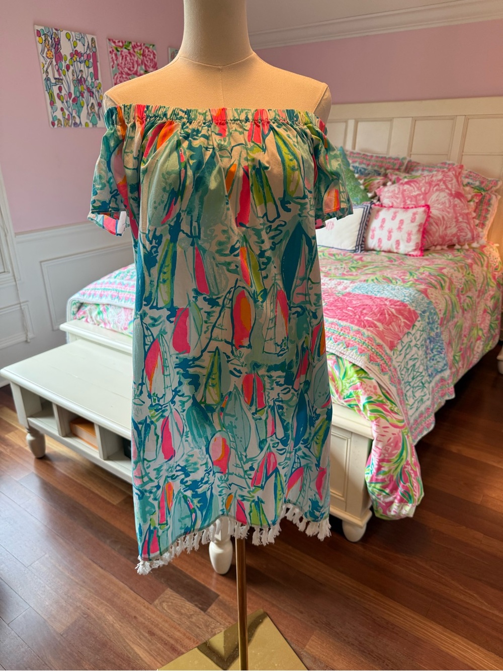 Lilly Pulitzer Off-Shoulder Mini Dress — Teal, Pink, Orange